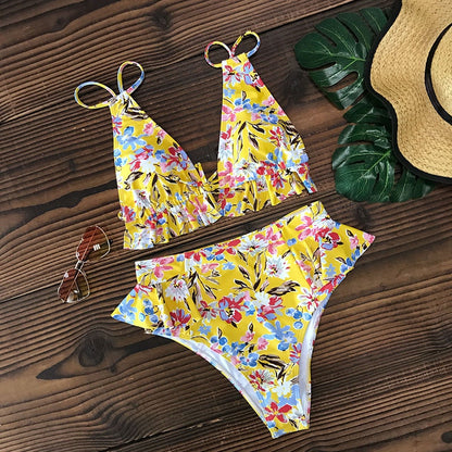 2 Piece Print Sexy Bathing Suit Cute Swimwear Women Swimsuit Ruffle Shoulder Brazilian High Waist Bikini Set The Clothing Company Sydney