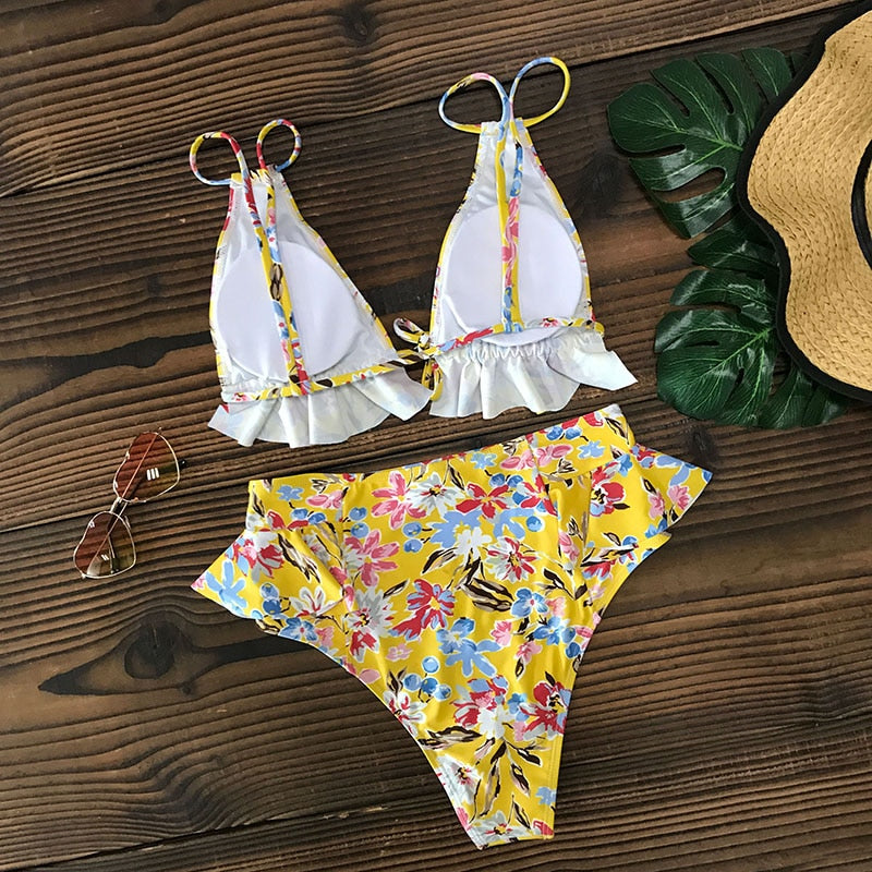 2 Piece Print Sexy Bathing Suit Cute Swimwear Women Swimsuit Ruffle Shoulder Brazilian High Waist Bikini Set The Clothing Company Sydney