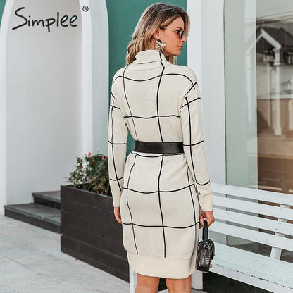 Elegant knitted Long sleeve turtleneck plaid Winter straight chic pullover sweater dress The Clothing Company Sydney