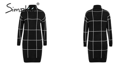 Elegant knitted Long sleeve turtleneck plaid Winter straight chic pullover sweater dress The Clothing Company Sydney