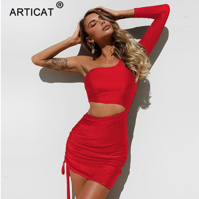 One Shoulder Hollow Out Pleated Bandage Bodycon Mini Casual Party Autumn Summer Dress The Clothing Company Sydney
