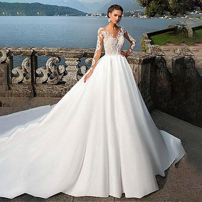 Elegant Satin V-Neck A-Line Wedding Dresses With Lace Appliques Long Sleeves Bridal Dress Wedding Gown The Clothing Company Sydney