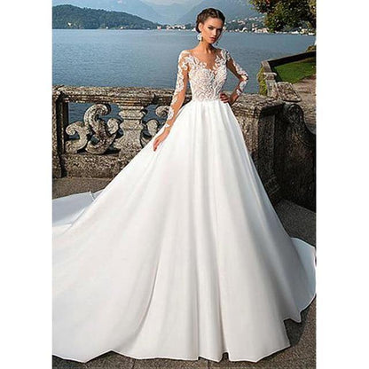 Elegant Satin V-Neck A-Line Wedding Dresses With Lace Appliques Long Sleeves Bridal Dress Wedding Gown The Clothing Company Sydney