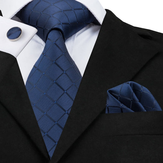 3 Piece Business Classic Blue Black Striped Solid Men's 3.4" Brand Necktie Pocket Square Cufflinks Wedding Party Silk Tie Set The Clothing Company Sydney