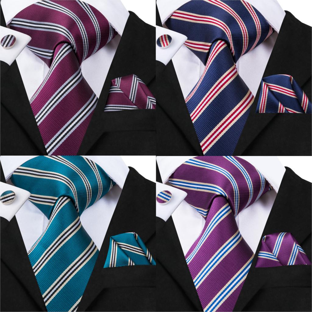 3 Piece Business Classic Blue Black Striped Solid Men's 3.4" Brand Necktie Pocket Square Cufflinks Wedding Party Silk Tie Set The Clothing Company Sydney