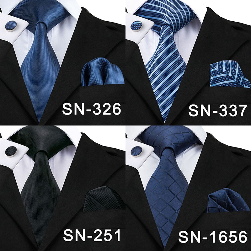 3 Piece Business Classic Blue Black Striped Solid Men's 3.4" Brand Necktie Pocket Square Cufflinks Wedding Party Silk Tie Set The Clothing Company Sydney