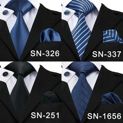 3 Piece Business Classic Blue Black Striped Solid Men's 3.4" Brand Necktie Pocket Square Cufflinks Wedding Party Silk Tie Set The Clothing Company Sydney
