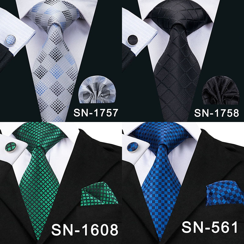 3 Piece Business Classic Blue Black Striped Solid Men's 3.4" Brand Necktie Pocket Square Cufflinks Wedding Party Silk Tie Set - The Clothing Company Sydney
