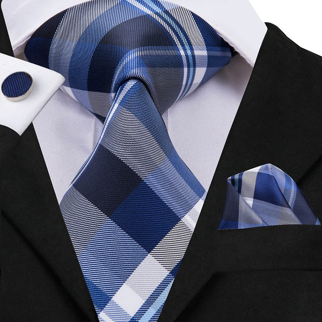 3 Piece Business Classic Blue Black Striped Solid Men's 3.4" Brand Necktie Pocket Square Cufflinks Wedding Party Silk Tie Set The Clothing Company Sydney