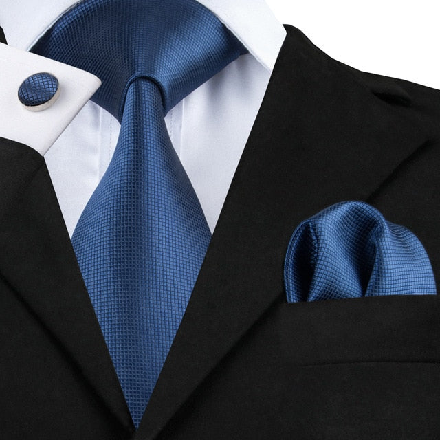 3 Piece Business Classic Blue Black Striped Solid Men's 3.4" Brand Necktie Pocket Square Cufflinks Wedding Party Silk Tie Set The Clothing Company Sydney