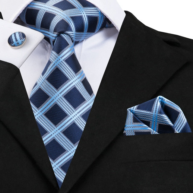 3 Piece Business Classic Blue Black Striped Solid Men's 3.4" Brand Necktie Pocket Square Cufflinks Wedding Party Silk Tie Set The Clothing Company Sydney