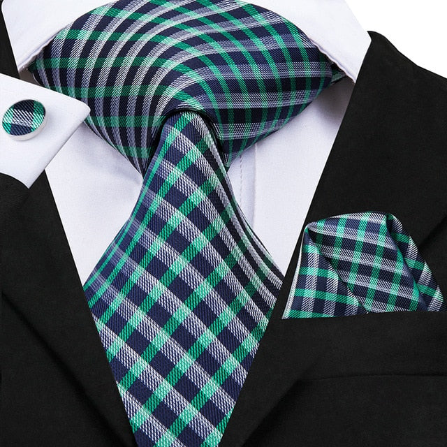 3 Piece Business Classic Blue Black Striped Solid Men's 3.4" Brand Necktie Pocket Square Cufflinks Wedding Party Silk Tie Set The Clothing Company Sydney