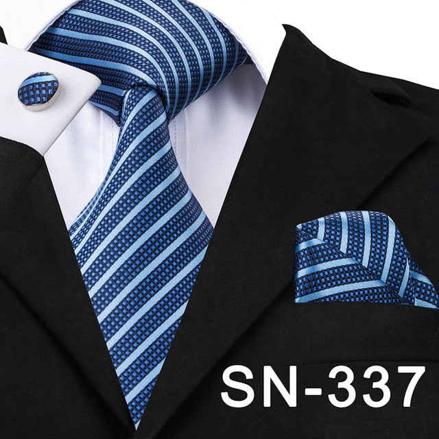 3 Piece Business Classic Blue Black Striped Solid Men's 3.4" Brand Necktie Pocket Square Cufflinks Wedding Party Silk Tie Set The Clothing Company Sydney