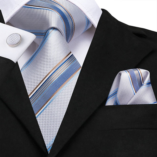 3 Piece Business Classic Blue Black Striped Solid Men's 3.4" Brand Necktie Pocket Square Cufflinks Wedding Party Silk Tie Set The Clothing Company Sydney