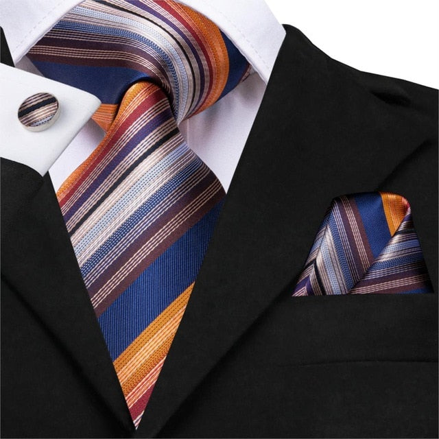 3 Piece Business Classic Blue Black Striped Solid Men's 3.4" Brand Necktie Pocket Square Cufflinks Wedding Party Silk Tie Set The Clothing Company Sydney