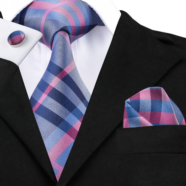 3 Piece Business Classic Blue Black Striped Solid Men's 3.4" Brand Necktie Pocket Square Cufflinks Wedding Party Silk Tie Set The Clothing Company Sydney