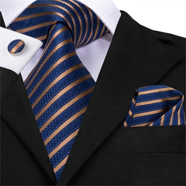 3 Piece Business Classic Blue Black Striped Solid Men's 3.4" Brand Necktie Pocket Square Cufflinks Wedding Party Silk Tie Set The Clothing Company Sydney