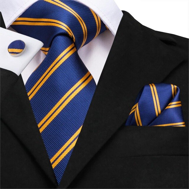 3 Piece Business Classic Blue Black Striped Solid Men's 3.4" Brand Necktie Pocket Square Cufflinks Wedding Party Silk Tie Set The Clothing Company Sydney