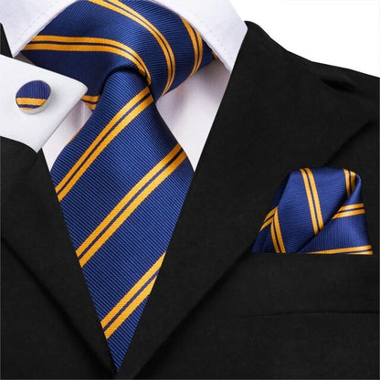 3 Piece Business Classic Blue Black Striped Solid Men's 3.4" Brand Necktie Pocket Square Cufflinks Wedding Party Silk Tie Set The Clothing Company Sydney