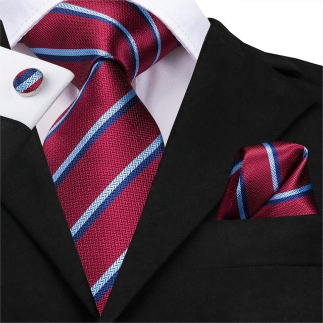 3 Piece Business Classic Blue Black Striped Solid Men's 3.4" Brand Necktie Pocket Square Cufflinks Wedding Party Silk Tie Set - The Clothing Company Sydney