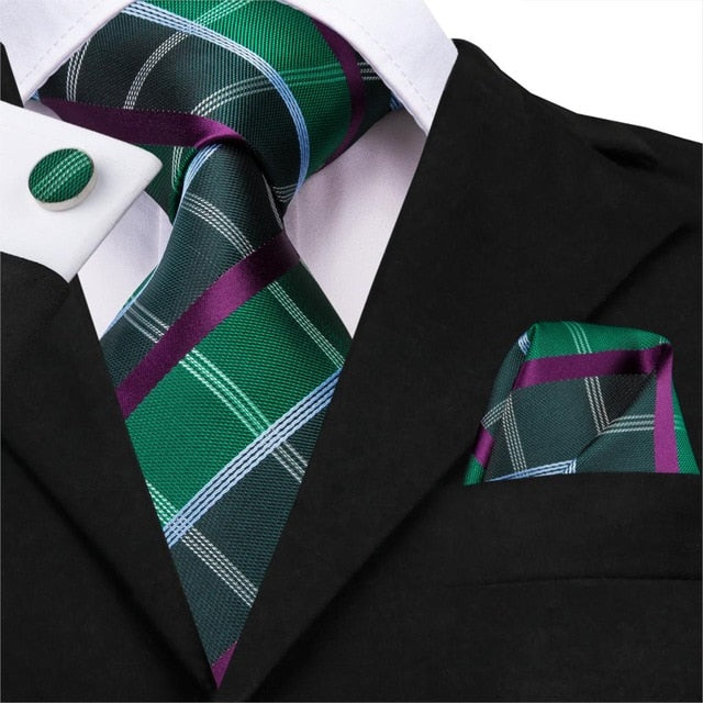 3 Piece Business Classic Blue Black Striped Solid Men's 3.4" Brand Necktie Pocket Square Cufflinks Wedding Party Silk Tie Set The Clothing Company Sydney