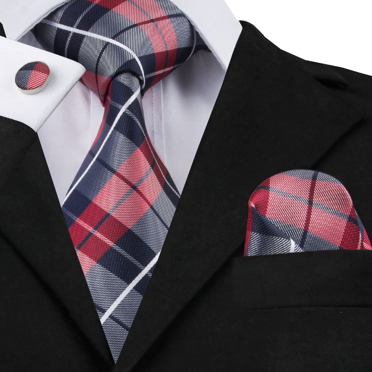 3 Piece Business Classic Blue Black Striped Solid Men's 3.4" Brand Necktie Pocket Square Cufflinks Wedding Party Silk Tie Set The Clothing Company Sydney