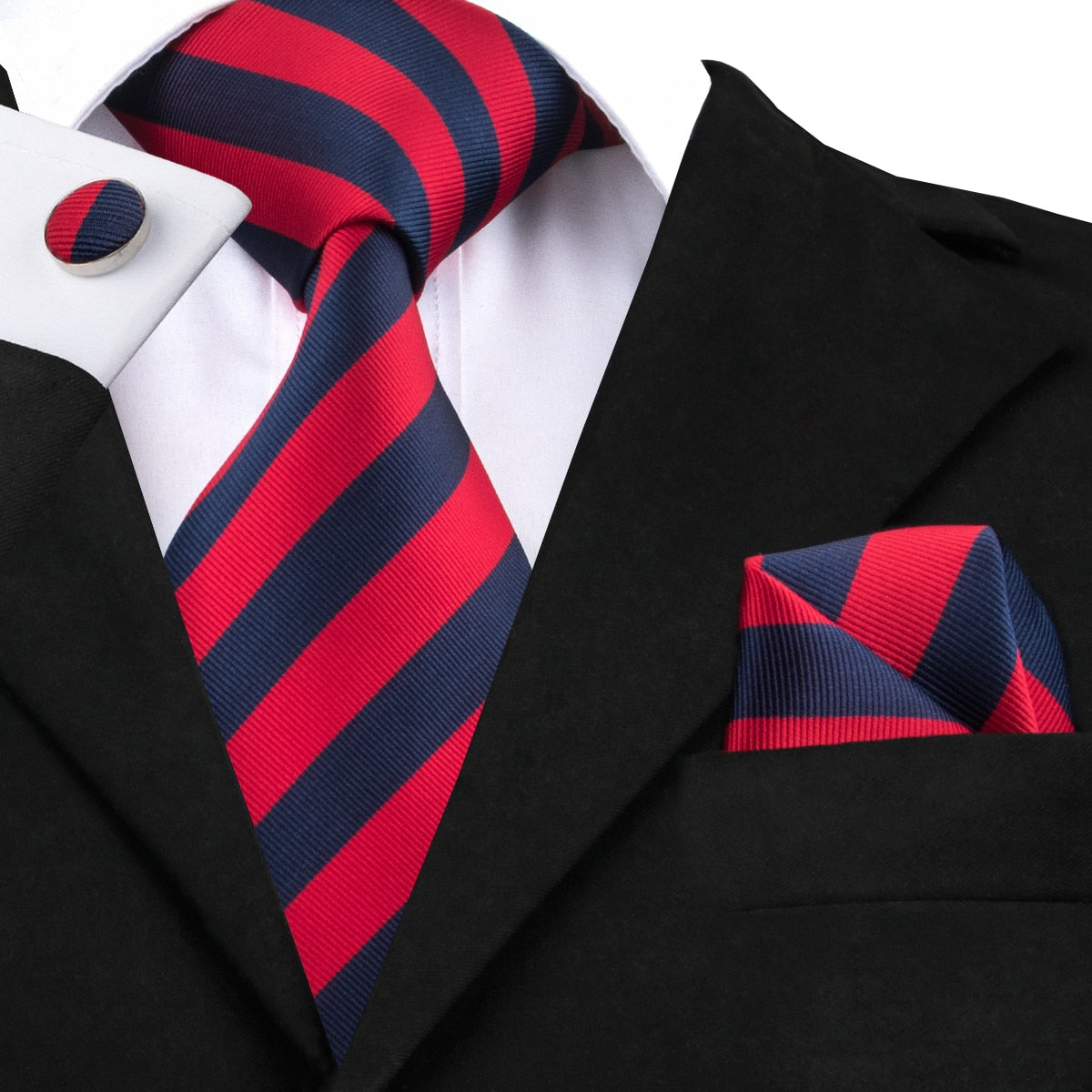 3 Piece Business Classic Blue Black Striped Solid Men's 3.4" Brand Necktie Pocket Square Cufflinks Wedding Party Silk Tie Set - The Clothing Company Sydney