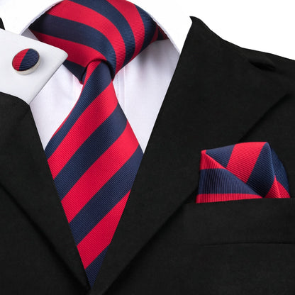 3 Piece Business Classic Blue Black Striped Solid Men's 3.4" Brand Necktie Pocket Square Cufflinks Wedding Party Silk Tie Set - The Clothing Company Sydney