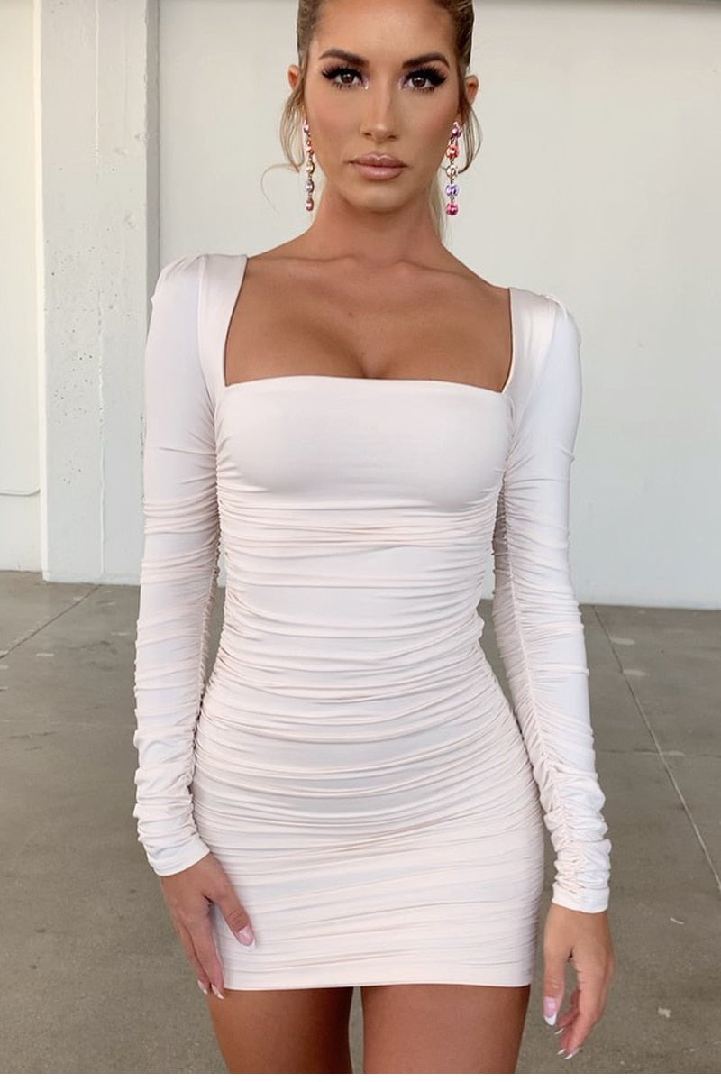 Backless Sexy White Long Sleeve Square Collar Bodycon Lacing Party Dress Summer Club Mini Dress The Clothing Company Sydney