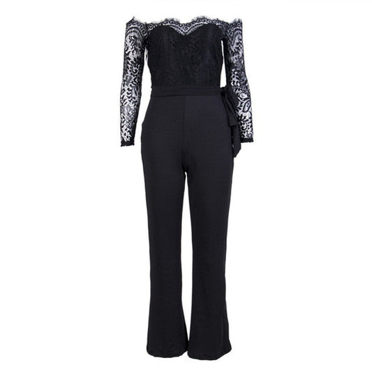 Fancy summer fall off shoulder playsuit jumpsuit long sleeve sheer lace patchwork hollow bandage skinny Outfit set The Clothing Company Sydney
