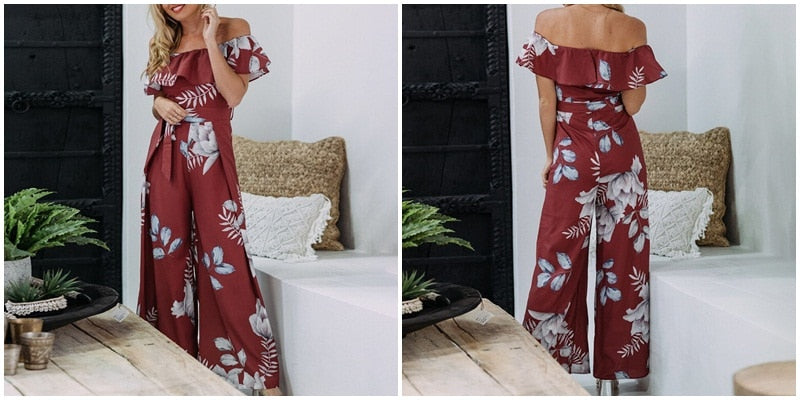 Bohemian floral print Elegant off shoulder sashes ladies long Summer beach ruffled playsuit Jumpsuit The Clothing Company Sydney