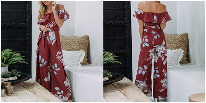 Bohemian floral print Elegant off shoulder sashes ladies long Summer beach ruffled playsuit Jumpsuit The Clothing Company Sydney