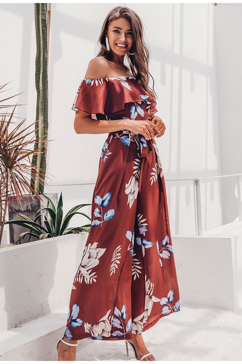 Bohemian floral print Elegant off shoulder sashes ladies long Summer beach ruffled playsuit Jumpsuit The Clothing Company Sydney