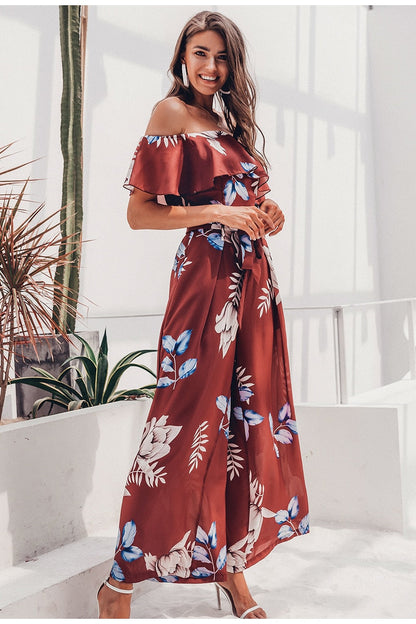 Bohemian floral print Elegant off shoulder sashes ladies long Summer beach ruffled playsuit Jumpsuit The Clothing Company Sydney