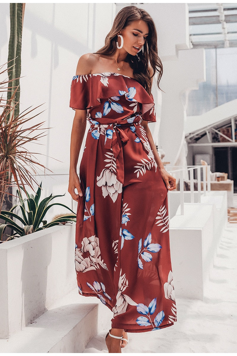 Bohemian floral print Elegant off shoulder sashes ladies long Summer beach ruffled playsuit Jumpsuit The Clothing Company Sydney