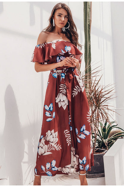Bohemian floral print Elegant off shoulder sashes ladies long Summer beach ruffled playsuit Jumpsuit The Clothing Company Sydney