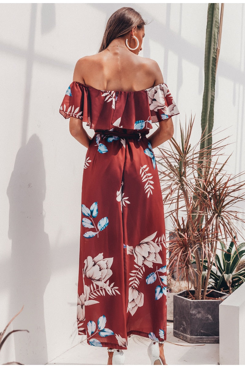 Bohemian floral print Elegant off shoulder sashes ladies long Summer beach ruffled playsuit Jumpsuit The Clothing Company Sydney
