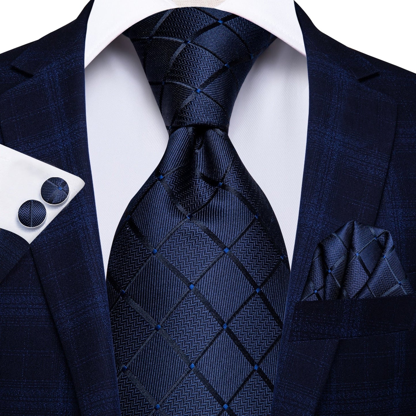 3 Piece Business Classic Blue Black Striped Solid Men's 3.4" Brand Necktie Pocket Square Cufflinks Wedding Party Silk Tie Set The Clothing Company Sydney