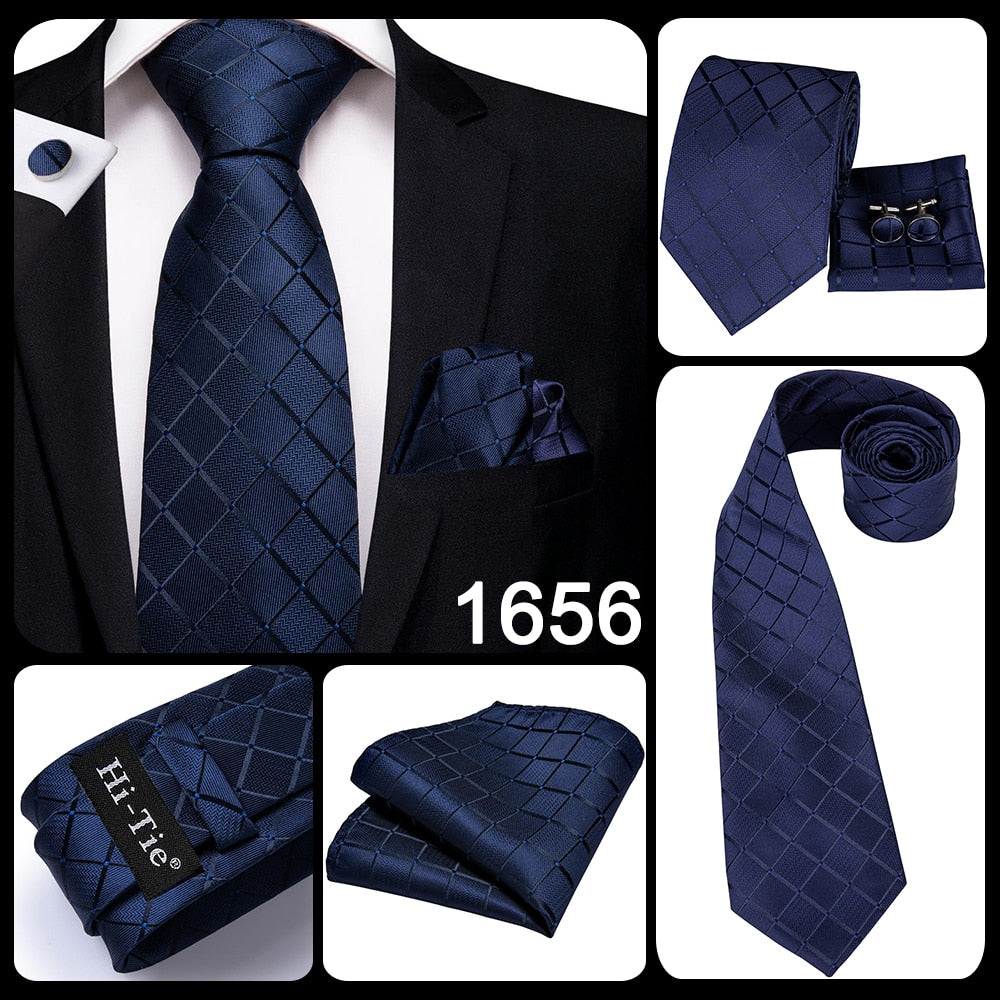 3 Piece Business Classic Blue Black Striped Solid Men's 3.4" Brand Necktie Pocket Square Cufflinks Wedding Party Silk Tie Set The Clothing Company Sydney