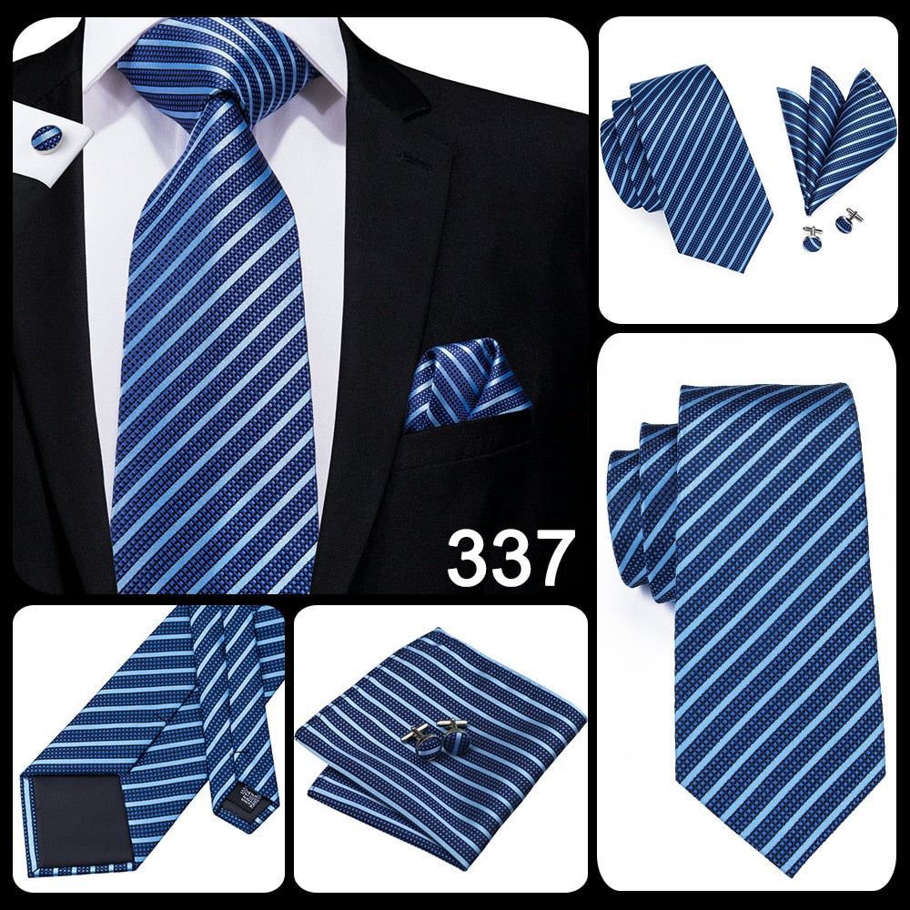 3 Piece Business Classic Blue Black Striped Solid Men's 3.4" Brand Necktie Pocket Square Cufflinks Wedding Party Silk Tie Set The Clothing Company Sydney