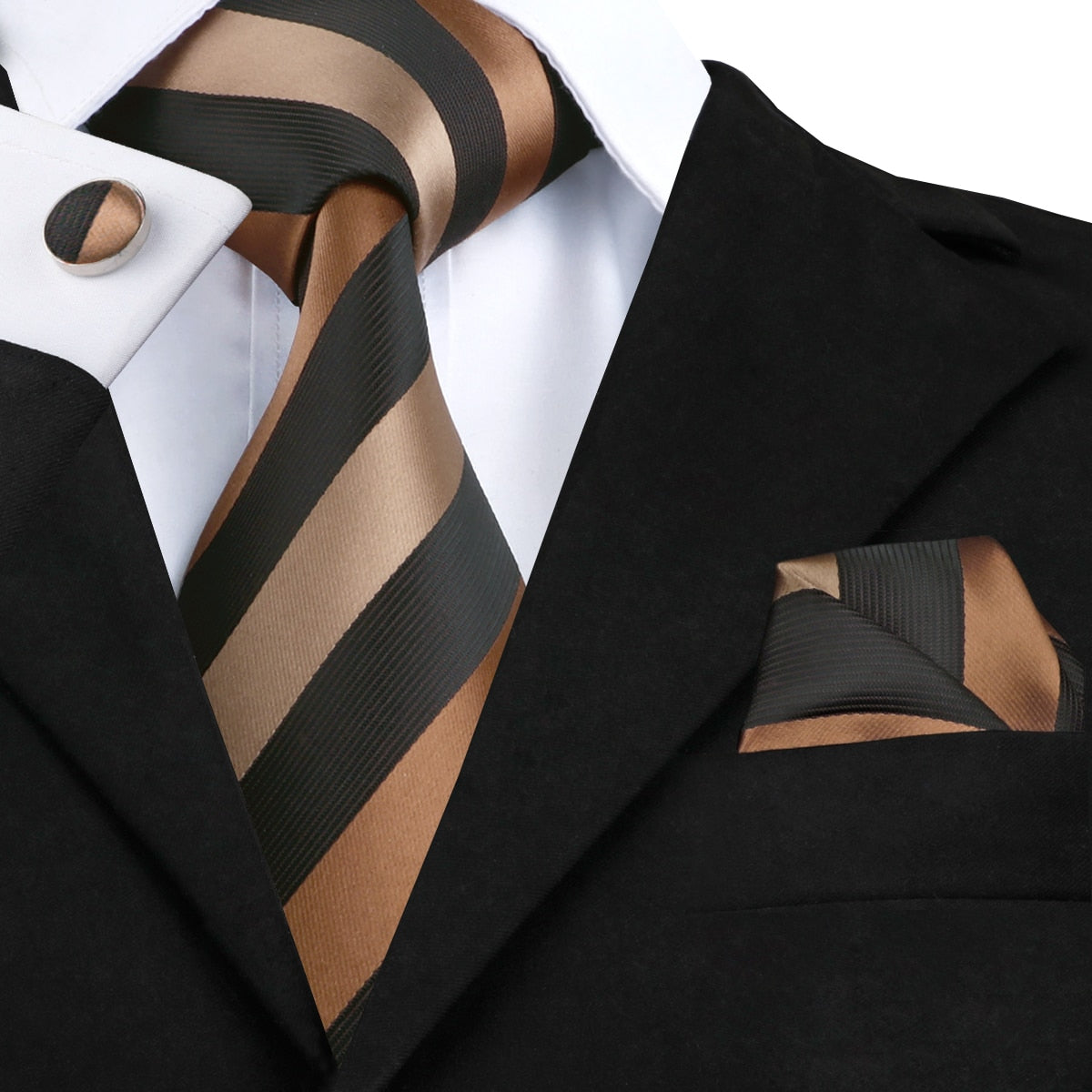 3 Piece Business Classic Blue Black Striped Solid Men's 3.4" Brand Necktie Pocket Square Cufflinks Wedding Party Silk Tie Set The Clothing Company Sydney
