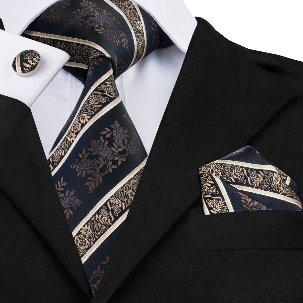 3 Piece Business Classic Blue Black Striped Solid Men's 3.4" Brand Necktie Pocket Square Cufflinks Wedding Party Silk Tie Set The Clothing Company Sydney