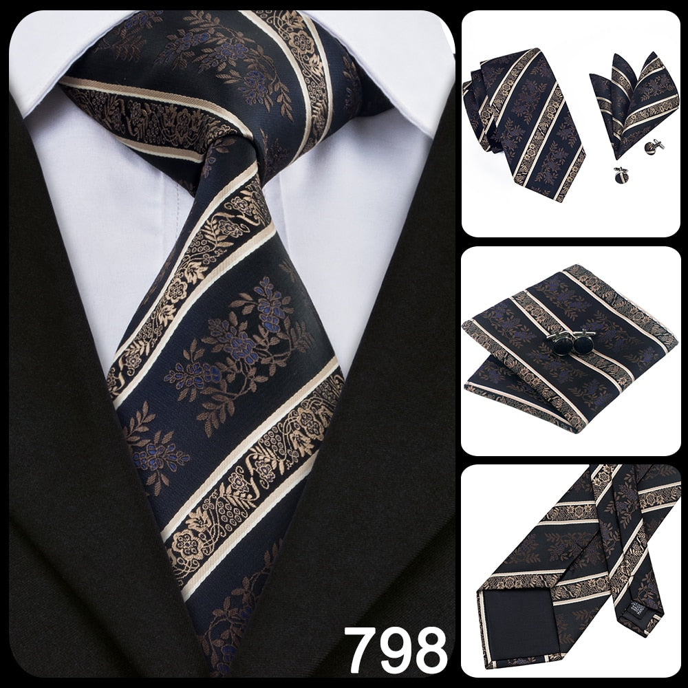 3 Piece Business Classic Blue Black Striped Solid Men's 3.4" Brand Necktie Pocket Square Cufflinks Wedding Party Silk Tie Set The Clothing Company Sydney