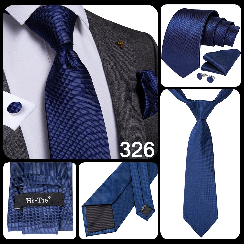 3 Piece Business Classic Blue Black Striped Solid Men's 3.4" Brand Necktie Pocket Square Cufflinks Wedding Party Silk Tie Set - The Clothing Company Sydney