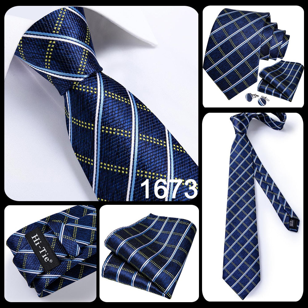 3 Piece Business Classic Blue Black Striped Solid Men's 3.4" Brand Necktie Pocket Square Cufflinks Wedding Party Silk Tie Set - The Clothing Company Sydney