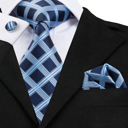 3 Piece Business Classic Blue Black Striped Solid Men's 3.4" Brand Necktie Pocket Square Cufflinks Wedding Party Silk Tie Set The Clothing Company Sydney