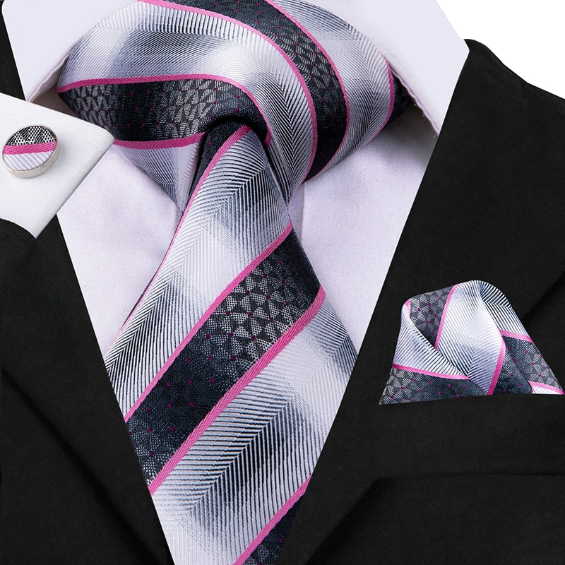 3 Piece Business Classic Blue Black Striped Solid Men's 3.4" Brand Necktie Pocket Square Cufflinks Wedding Party Silk Tie Set The Clothing Company Sydney