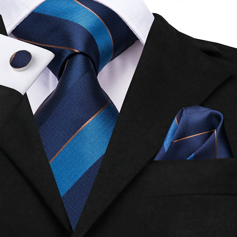 3 Piece Business Classic Blue Black Striped Solid Men's 3.4" Brand Necktie Pocket Square Cufflinks Wedding Party Silk Tie Set The Clothing Company Sydney