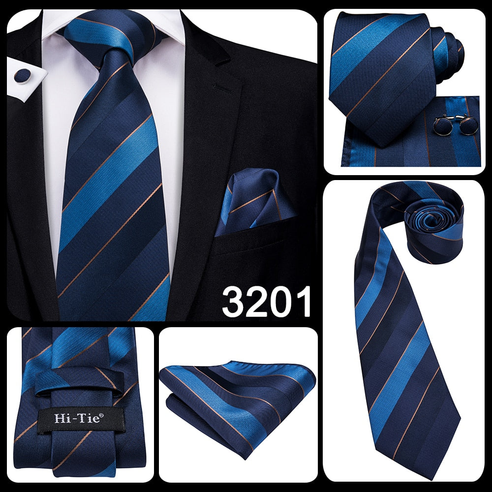 3 Piece Business Classic Blue Black Striped Solid Men's 3.4" Brand Necktie Pocket Square Cufflinks Wedding Party Silk Tie Set The Clothing Company Sydney