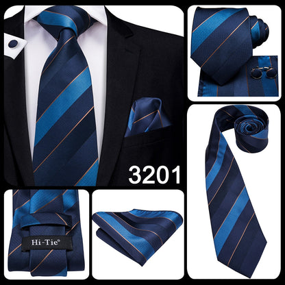 3 Piece Business Classic Blue Black Striped Solid Men's 3.4" Brand Necktie Pocket Square Cufflinks Wedding Party Silk Tie Set The Clothing Company Sydney